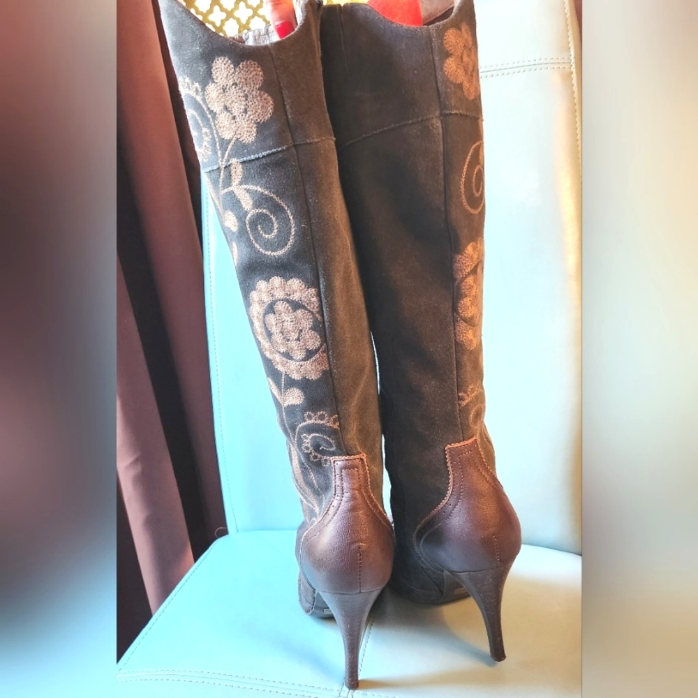 SAM EDELMAN Victorian Embroidery Suede Leather Zip BOW Ties Knee Boots 8.5 EUC - Picture 9 of 16